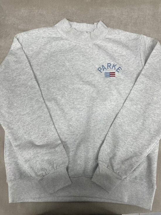 Parke Tops - PARKE Mock Neck Sweatshirt Heather Gray Embroidered Flag Logo